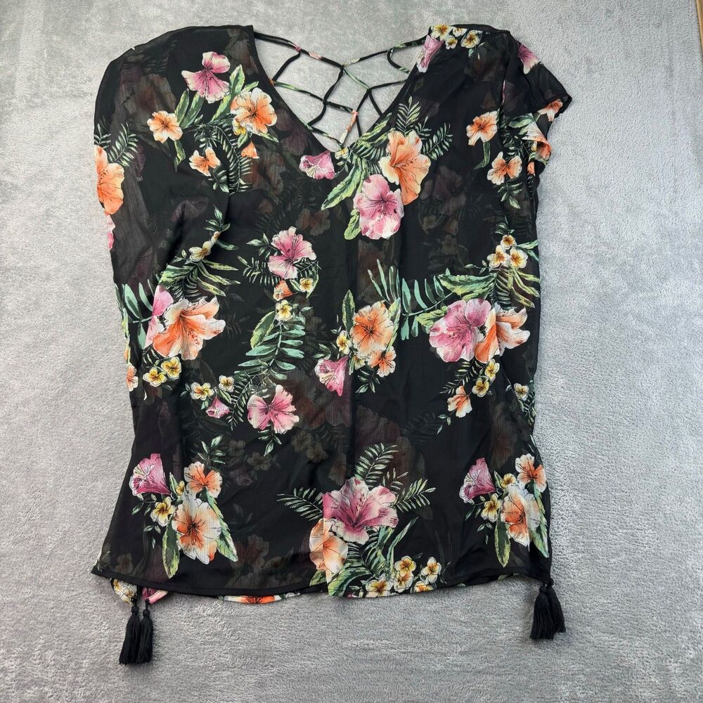 Kona Sol Cover Up Women's Large Black Green Pink Swim Floral Lightweight Sheer